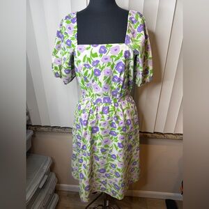 The Vested Gentress Vintage Floral Violet Green Square Neck Dress Size 6